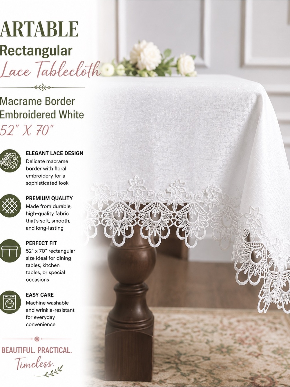ARTABLE Rectangular Lace Tablecloth Macrame Border Embroidered White, 52" X 70"